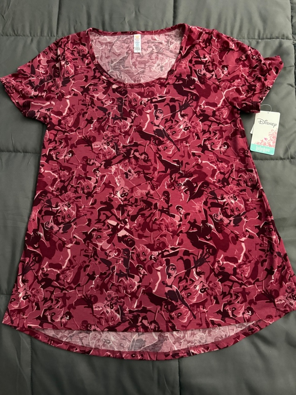 LuLaRoe Disney Burgundy and Pink Allover Incredibles Classic Short Sleeve Tee